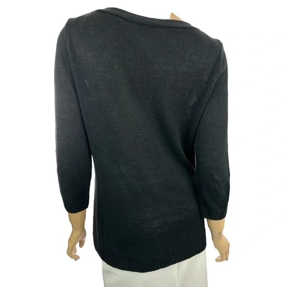 Talbots Black Pullover Sweater 3/4 Sleeve Size M Boatneck Loose Weave - Picture 3 of 5
